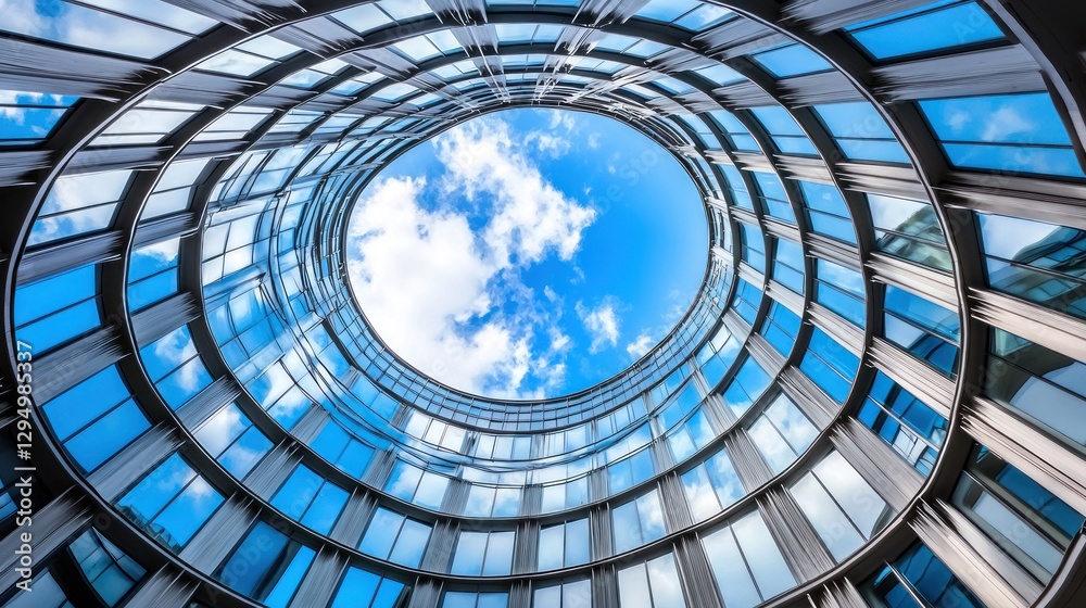 Naklejka premium Circular glass building atrium with blue sky.