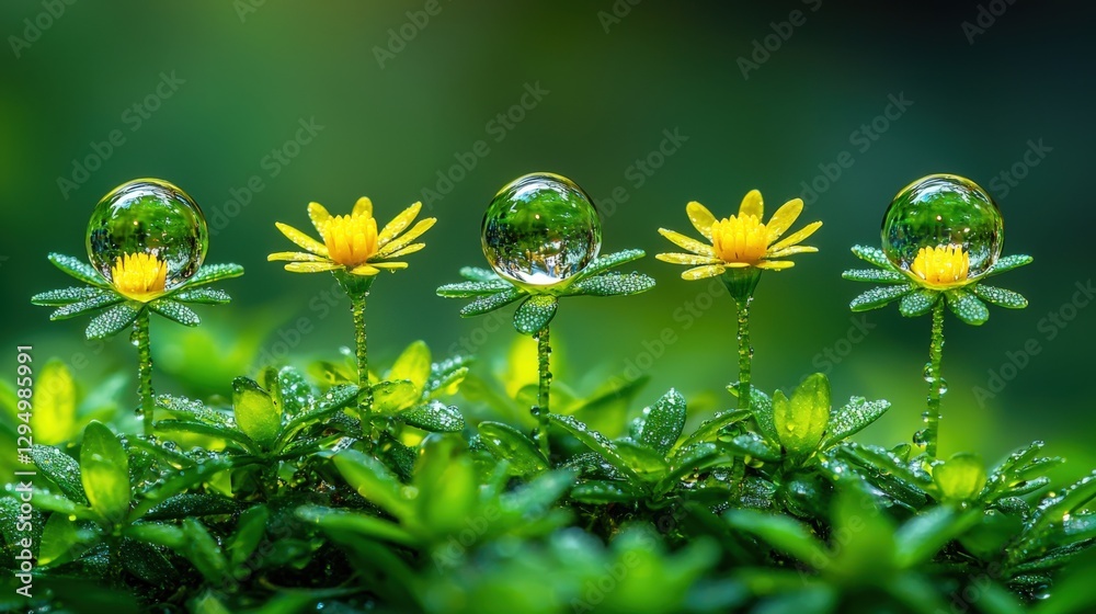 Close-Up of Dewy Yellow Flowers with Water Droplets on Green Background Close-Up of Dewy Yellow Flowers with Water Droplets on Green Background
