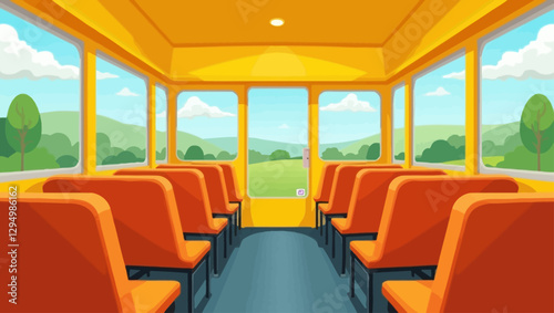 A well-lit and modern school bus interior with bright orange seats and large windows showing a beautiful outdoor landscape. A clean and organized setting for student transport.
