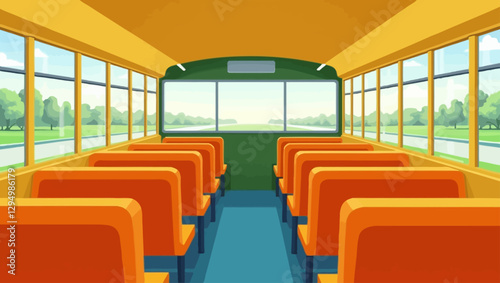 A modern school bus interior with orange seats, large glass windows, and a scenic road view. The bright and spacious bus design ensures comfort for students.