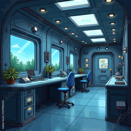 A futuristic underwater research station with glowing technology and plant experiments. The high-tech interior combines marine science and space-age innovation.