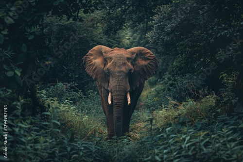 Majestic elephant standing in lush green forest during twilight exploring its natural habitat