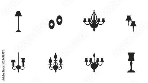 A set of black silhouette icons featuring various types of lamps, chandeliers, and light fixtures, designed for digital and graphic use.
