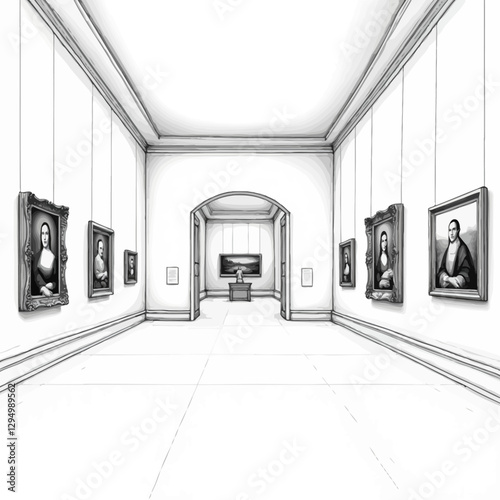 A monochrome museum room displaying a collection of historical portraits in elegant frames, arranged in a bright and spacious exhibition space.