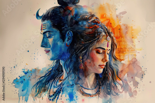 Watercolor portrait of Hindu deities Shiva and Parvati with blue and orange color splashes. Divine couple in traditional jewelry and attire with temple silhouette. Spirituality and divine love