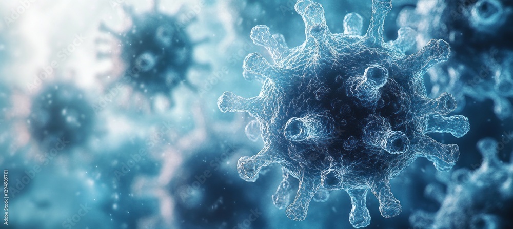 Obraz premium Photorealistic Virus Illustration Soft Blue Lighting Close-Up Virology Microbiology Science