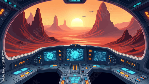 A science fiction-inspired spaceship cockpit with a detailed dashboard and a breathtaking view of a Mars-like rocky terrain under an orange-hued sunset.