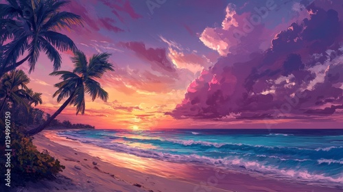 Tropical Paradise Sunset: A breathtaking view of a tropical beach at sunset, with swaying palm trees, soft sand, and gentle waves.