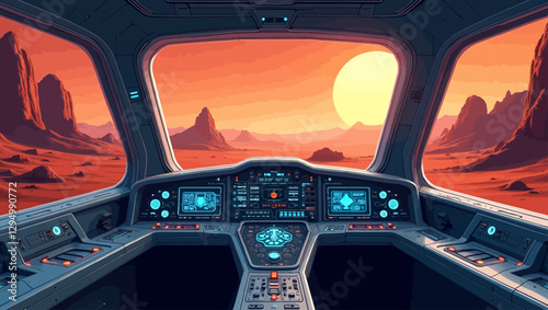 A highly detailed futuristic spaceship cockpit overlooking an alien desert landscape with a bright sunset. A perfect sci-fi setting for space exploration themes.