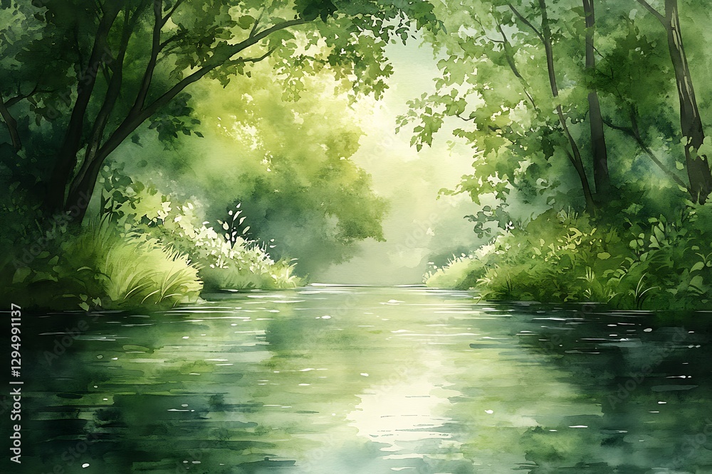 Obraz premium Serene river, forest path, sunlight