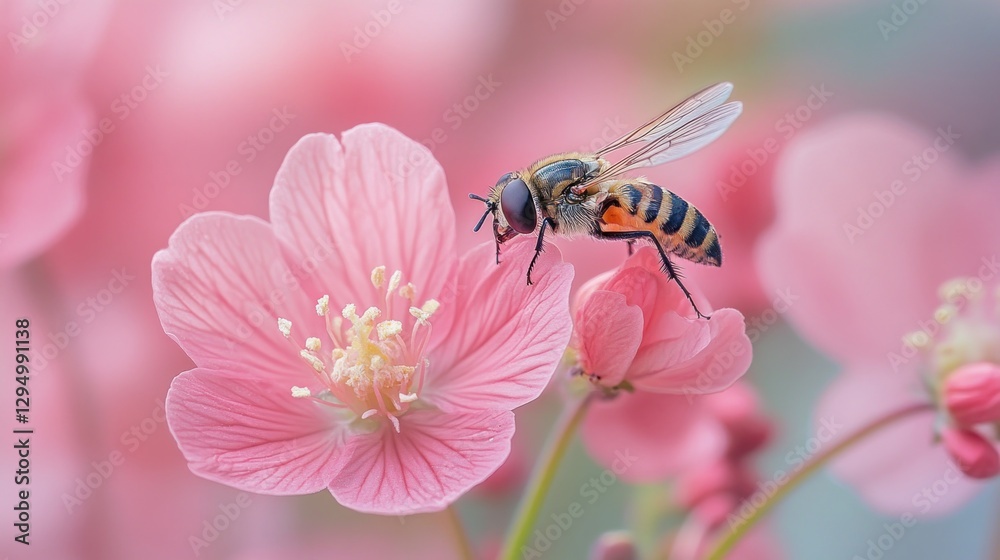 Bee pollinating pink flower in a garden, spring nature background Bee pollinating pink flower in a garden, spring nature background
