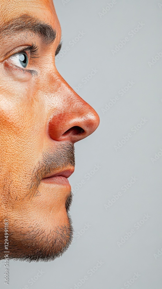 Fototapeta premium A man gazes at his reflection in the mirror with a confident expression