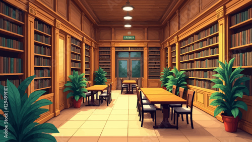 A grand library with elegant wooden bookshelves, study tables, and warm lighting, creating a scholarly and intellectual ambiance.