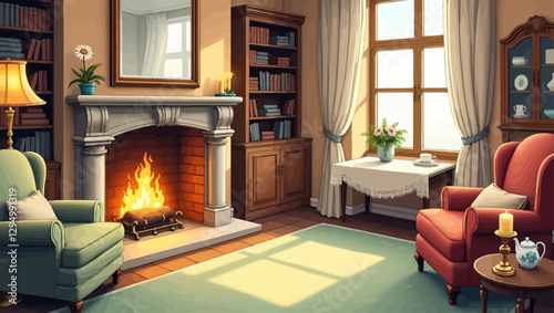 A warm and inviting living room featuring a fireplace, elegant furniture, bookshelves, and soft lighting, creating a cozy and classic atmosphere.