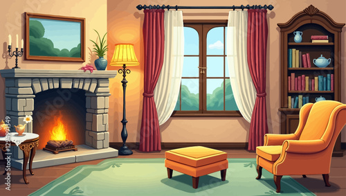 A warm and inviting living room featuring a fireplace, elegant furniture, bookshelves, and soft lighting, creating a cozy and classic atmosphere.