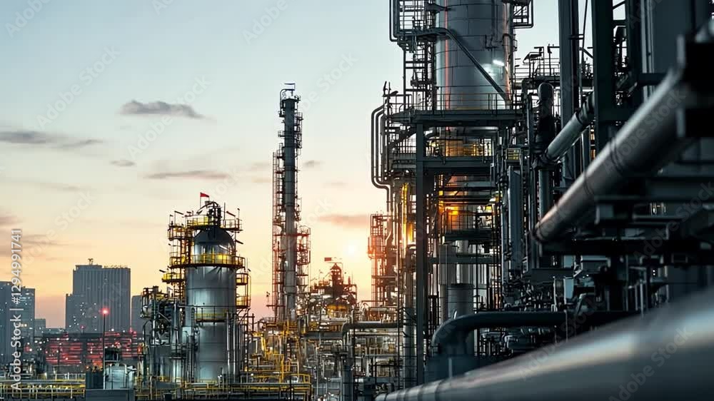 Industrial Complex Silhouette: A majestic industrial complex at twilight, featuring a complex network of pipelines, tanks, and structures against a soft evening sky. Industrial Complex Silhouette: A majestic industrial complex at twilight, featuring a complex network of pipelines, tanks, and structures against a soft evening sky.