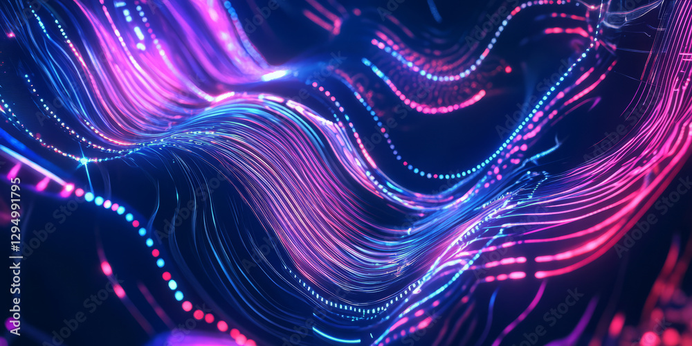 Obraz premium A sleek and dynamic abstract background featuring distorted holographic textures and glowing neon-glitched patterns. The seamless transitions create an immersive high-tech digital composition.