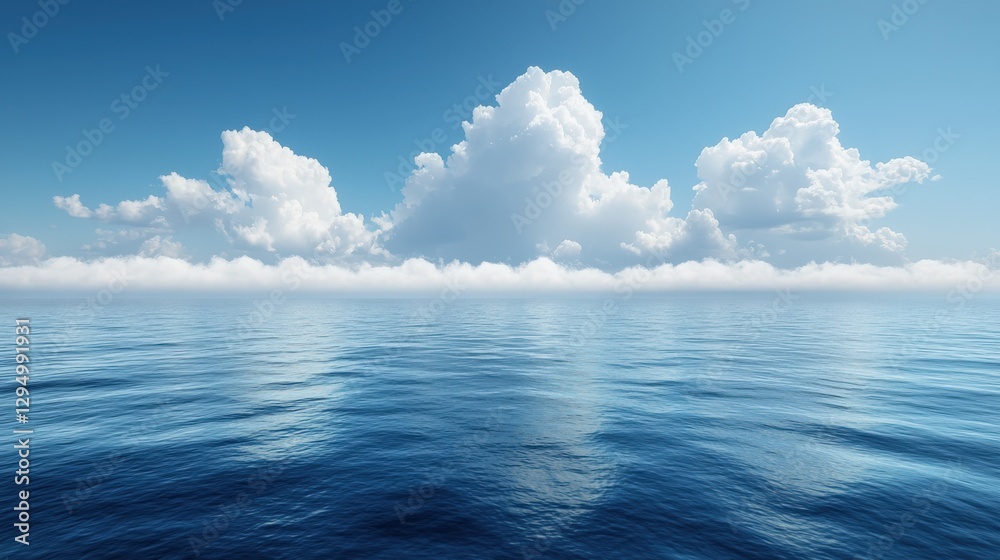 Fototapeta premium Tranquil Ocean View with Blue Skies and Fluffy Clouds - Serene Seascape