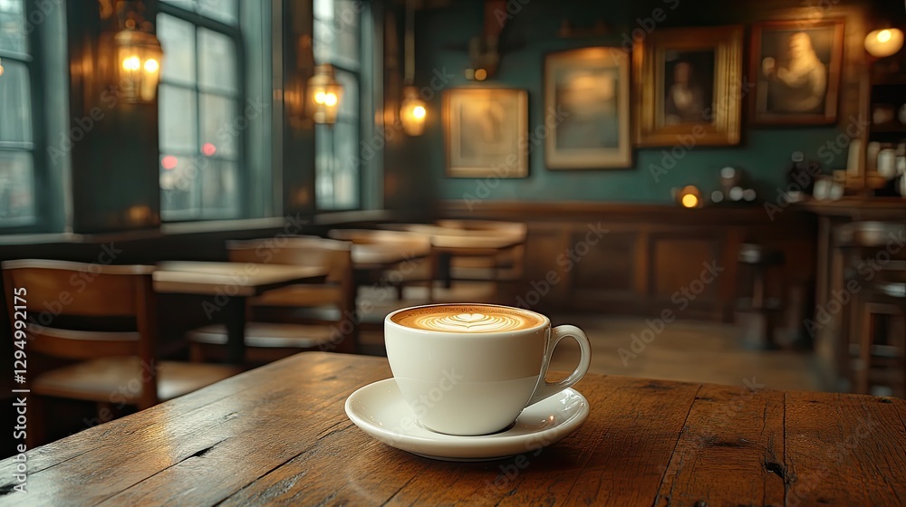 Obraz premium A beautifully crafted cup of coffee sits on a rustic wooden table in a cozy caf? with warm lighting
