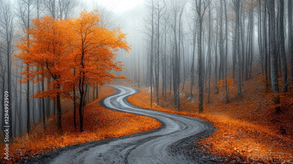 Obraz premium Winding Autumn Road Through Misty Forest with Vibrant Orange Leaves