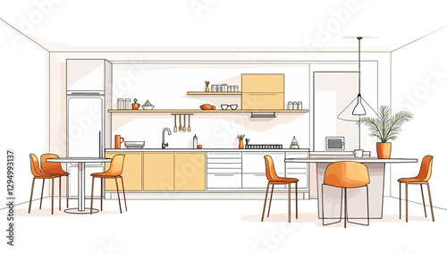 A vector illustration of a stylish kitchen with a spacious dining area, soft lighting, and contemporary furniture. Perfect for interior concepts.