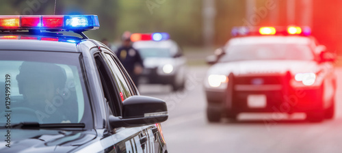 Police patrol unit conducting drills on road with emergency lights flashing photo