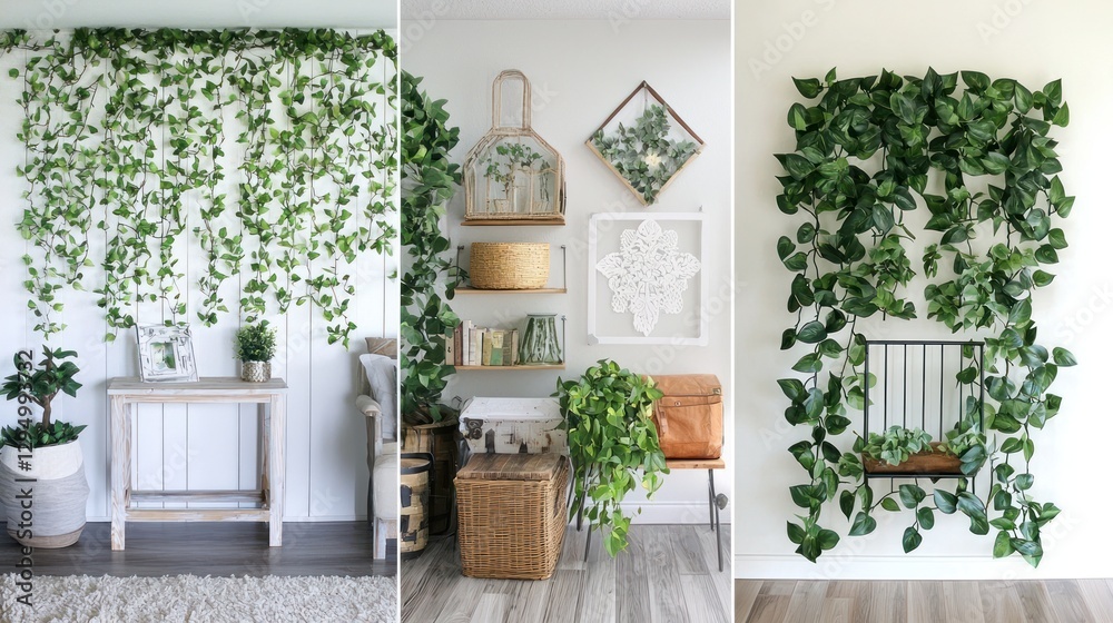 Fototapeta premium Three variations of artificial hanging ivy on walls.