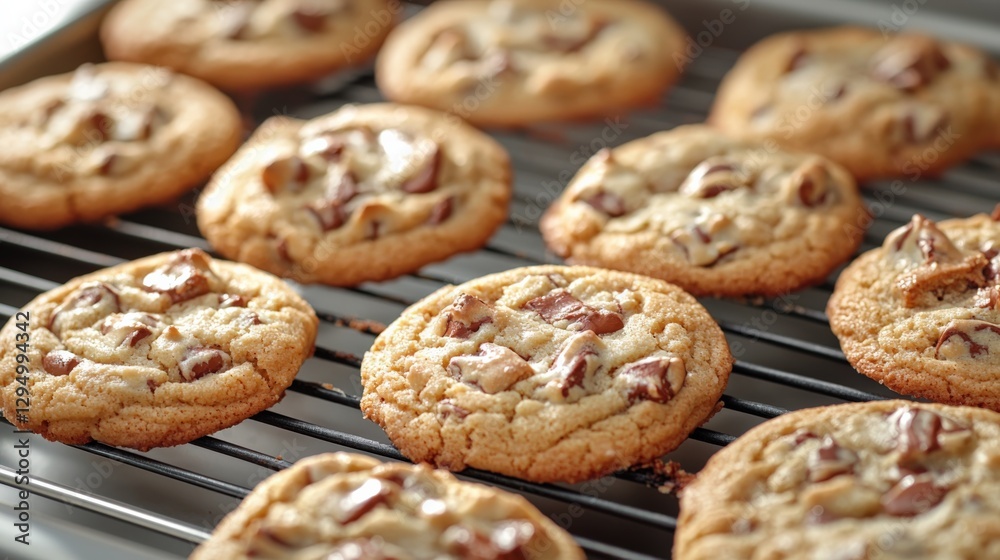 Freshly Baked Chocolate Chip Cookies Cooling on Wire Rack - Delicious Treats Freshly Baked Chocolate Chip Cookies Cooling on Wire Rack - Delicious Treats