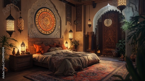 Mystical Oasis: An exquisite Arabian-style bedroom interior, complete with ornate lanterns, a captivating circular motif, and warm, inviting tones creating an atmosphere of serenity and allure.