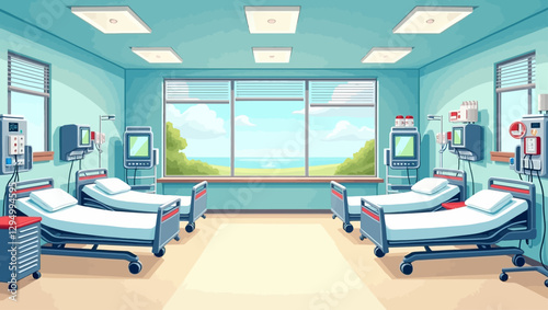A clean and spacious hospital ward with four beds, medical devices, and a large window allowing fresh air and sunlight.