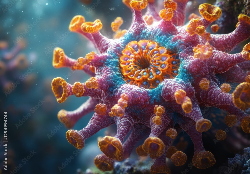 Obraz premium 3D Hyper-Realistic Microscopic View of Influenza Virus Cells and Coronavirus with Dramatic Lighting and Intricate Textures