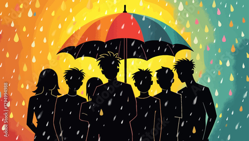 A group of young people standing under a colorful umbrella while raindrops fall against a gradient background, symbolizing resilience and unity.