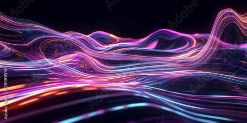 A surreal abstract background with flowing neon ribbons forming intricate energy waves across a seamless futuristic expanse. The glowing motion and high-tech reflections evoke a cybernetic digital