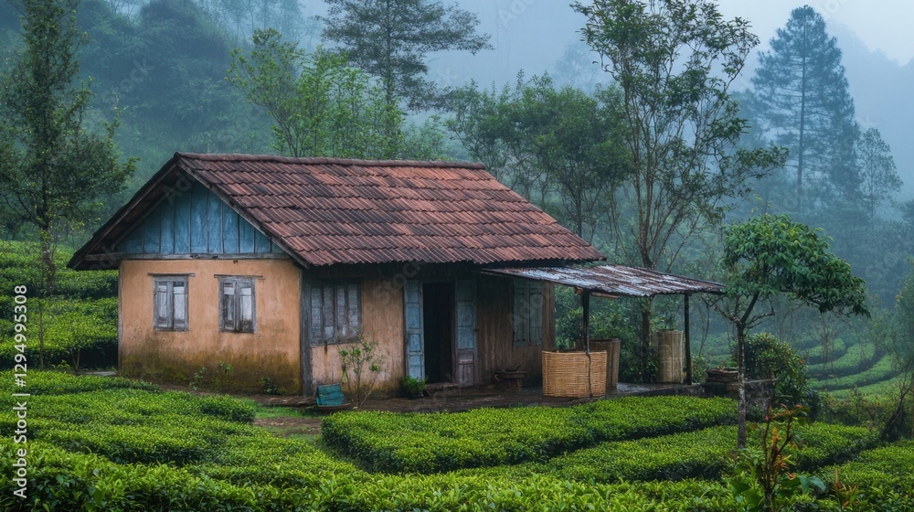 Misty Mountain Tea Plantation with Rustic House Misty Mountain Tea Plantation with Rustic House