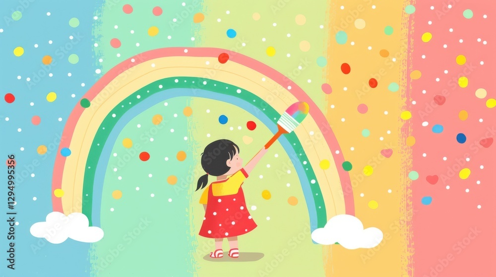 Uplifting art a child paints a rainbow on a wall simple shapes and vibrant pastel tones create a clean composition. Uplifting art a child paints a rainbow on a wall simple shapes and vibrant pastel tones create a clean composition.