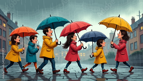 A cheerful family walking in the rain with colorful umbrellas and bright raincoats, enjoying a beautiful rainy evening in a city street.
