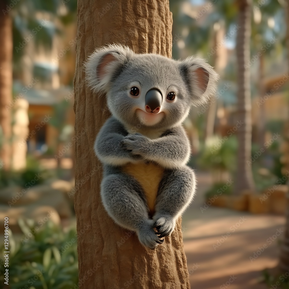 Naklejka premium Adorable koala hugging tree, resort background, 3D render, tourism
