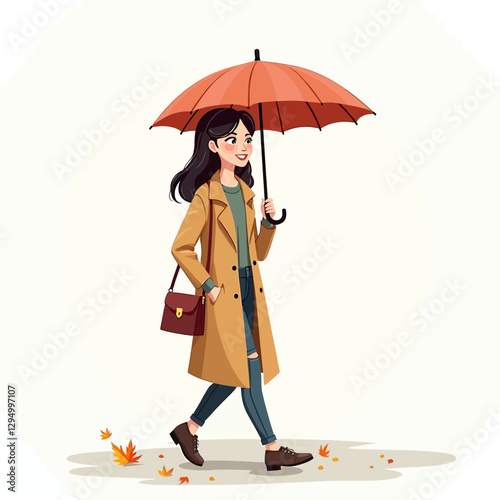 A stylish woman walking in the rain with a red umbrella and a brown coat, enjoying the autumn weather in a clean vector illustration.