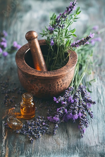 copper mortar and pestle with lavender, amber glass bottles of essential oils, and chamomile flowers on a rustic wooden surface