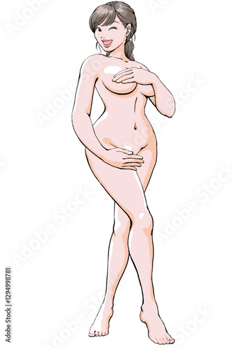 手ブラ手パンツ_セクシーなポーズを決める裸の若い女性_全身.eps