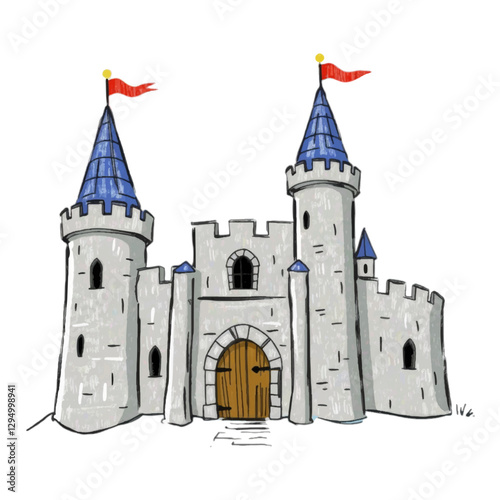 Illustration of a medieval castle with banners isolated on White Background.
