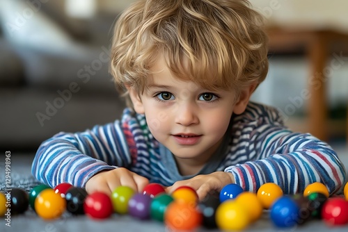 Toddler playing colorful balls, home