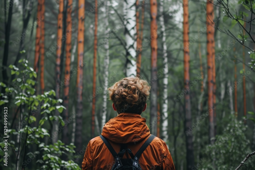 Individual exploring a lush forest with tall trees during a misty day in a serene natural setting Individual exploring a lush forest with tall trees during a misty day in a serene natural setting
