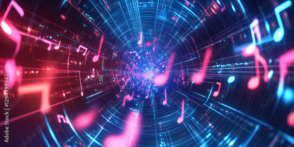 Obraz premium A mesmerizing 3D abstract background featuring an infinite tunnel of neon musical notes, dynamically shifting with rhythm. The surreal visualization creates an immersive representation of sound