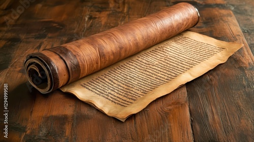 Wallpaper Mural Historical manuscript rolled out on a wooden table showcasing intricate calligraphy and ancient text from a distant civilization Torontodigital.ca
