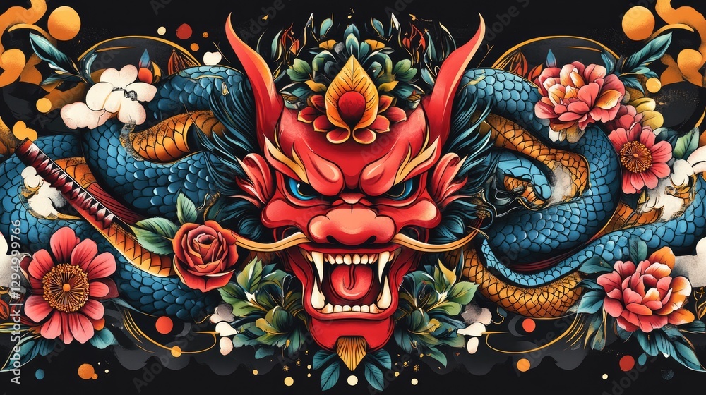 Obraz premium Ornate Dragon Head with Flowers and Snakes, Tattoo Style, Artistic Image