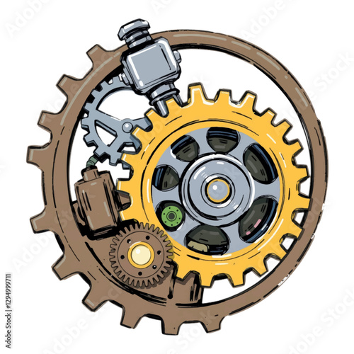 Illustration of a Steampunk Gear Mechanism Isolated on White Background.