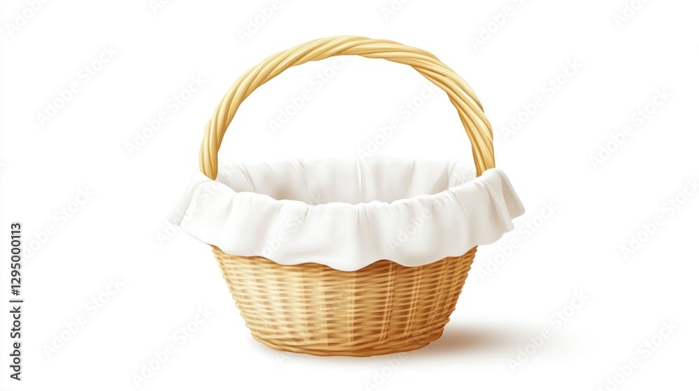 Empty wicker basket with cloth lining, white background, picnic Empty wicker basket with cloth lining, white background, picnic