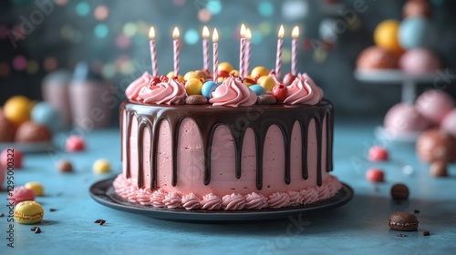 Birthday Cake with Candles and Decorations photo