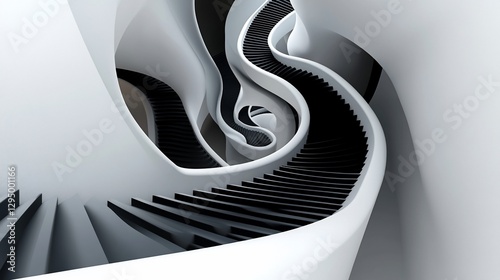 Modern architectural rendering of a futuristic curved staircase with white and black contrasts photo